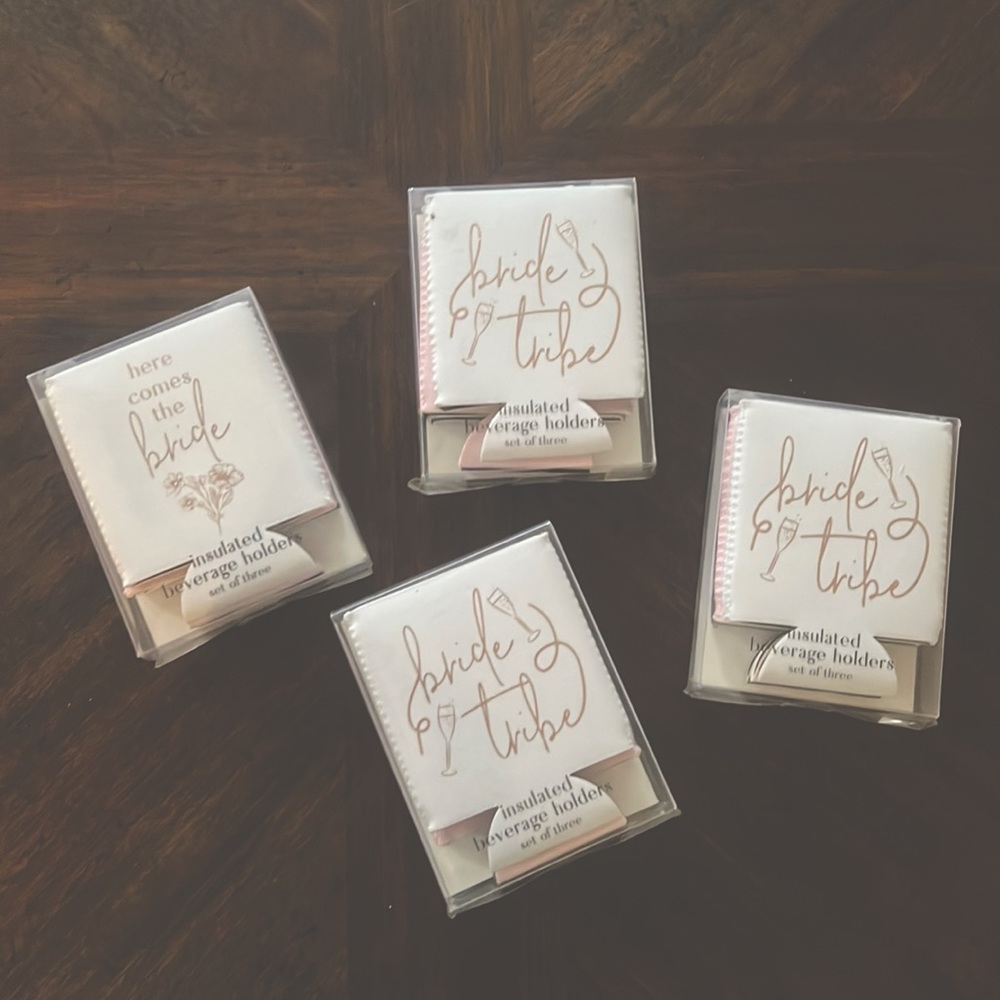 Wedding decor bride tribe insulated koozies.